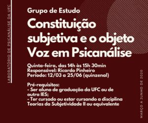 Imagem do cartaz (4 de 6) de divulgação das Atividades de Ensino que serão ofertadas pelo Laboratório de Psicanálise da UFC no primeiro semestre de 2020. Na imagem constam as informações sobre as referidas atividades.