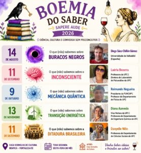 Imagem de divulgação da programação de encontros do Boemia do Saber, com atividades de agosto a dezembro de 2026, na Casa Vermelha de Cultura, em Fortaleza.